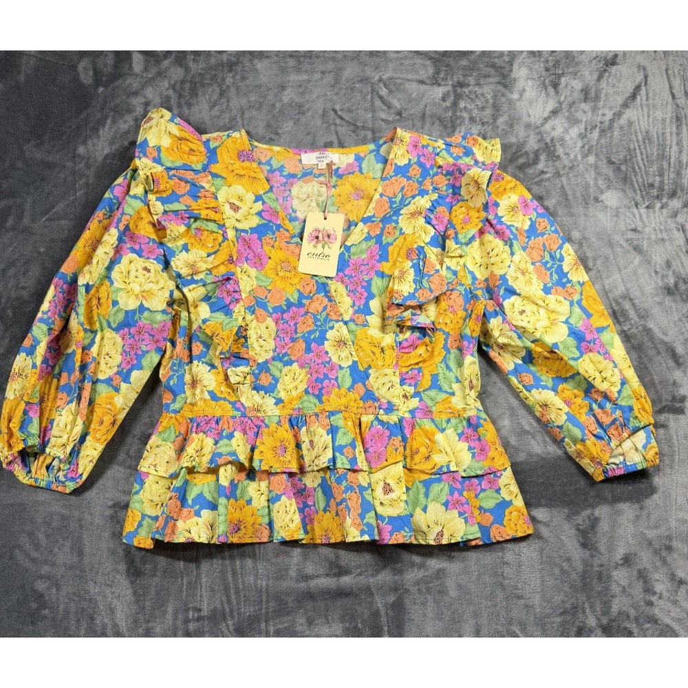 NWT Entro Floral Ruffle Peplum Puff Sleeve Blouse L